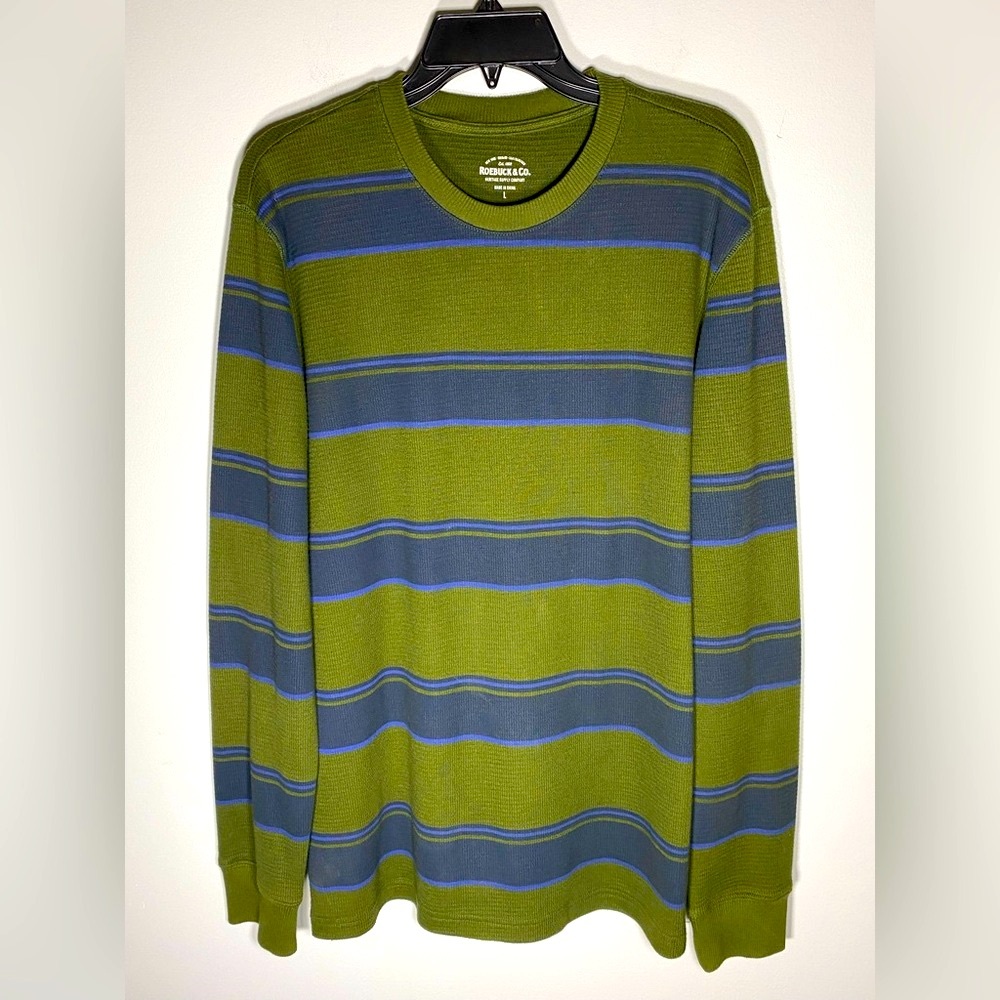 Classic Olive and Blue Striped Crewneck Sweater